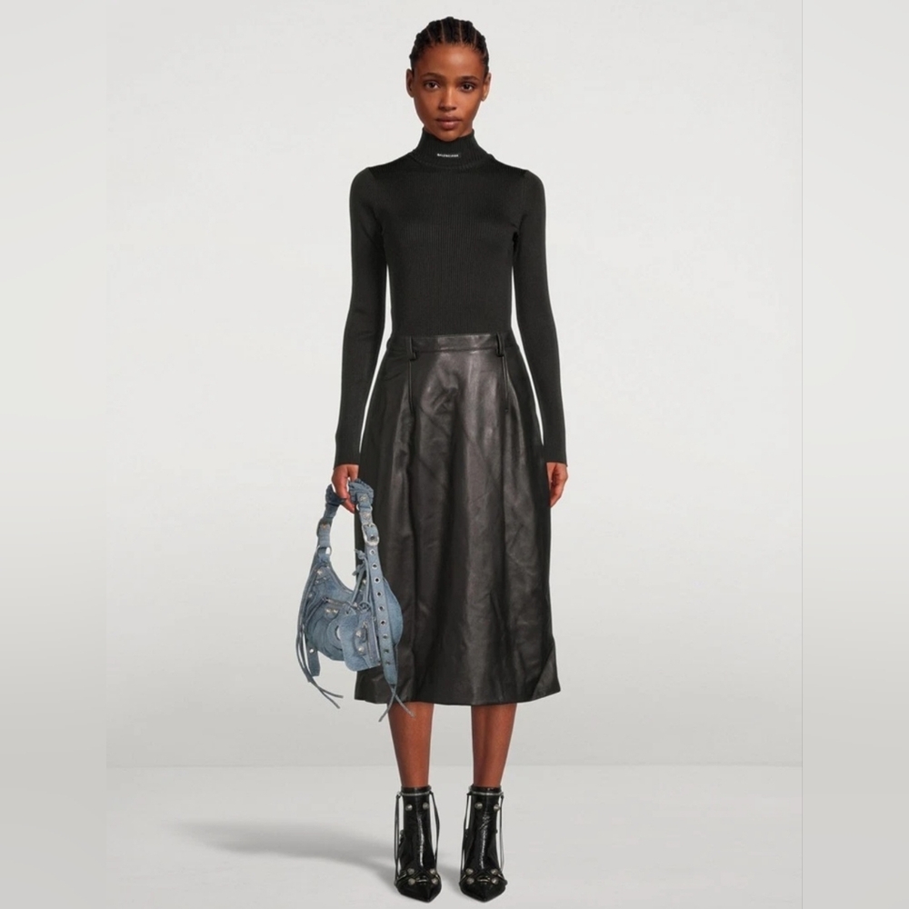BALENCIAGA Black Leather High Waisted Midi Skirt FR 36 US 4 S Org $2,450 - Picture 1 of 16
